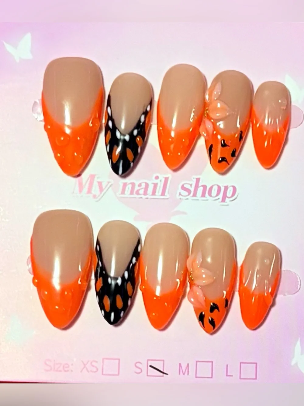 Orange Accented Nude Press-On Nails